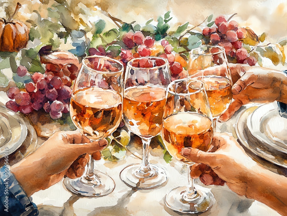 Thanksgiving toast of gratitude, raised glasses, joyful family gathering, Watercolor style