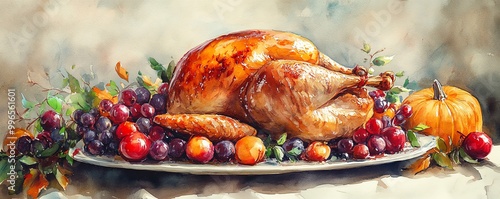 Thanksgiving turkey fresh from the oven, rich autumn colors, festive setting, Watercolor style photo