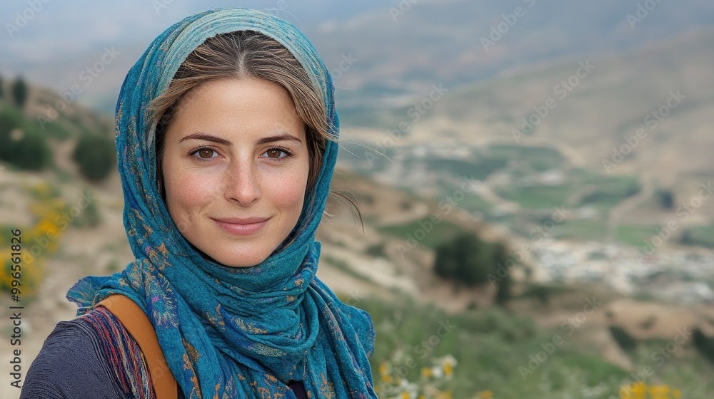 Young Woman Wearing a Blue Headscarf in a Mountainous Landscape Young Woman Wearing a Blue Headscarf in a Mountainous Landscape