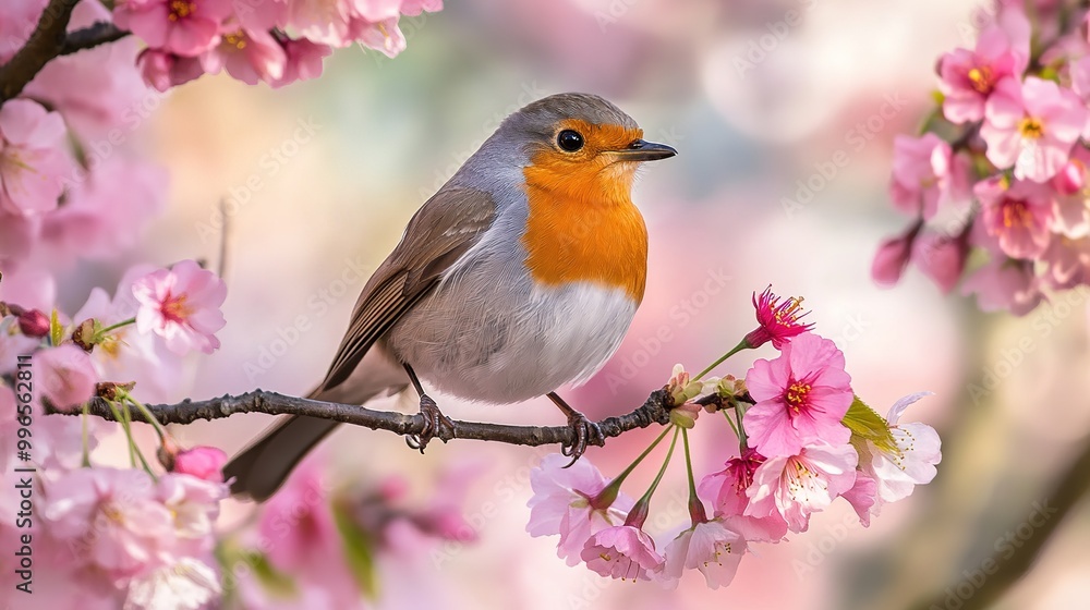 A colorful bird perched on a cherry blossom branch during springtime in a vibrant landscape A colorful bird perched on a cherry blossom branch during springtime in a vibrant landscape