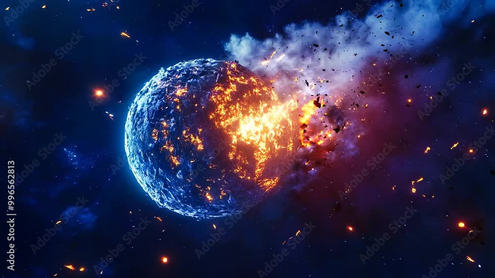 Planetary Explosion in Deep Space with Fiery Impact, Dramatic Cosmic Scene Capturing the Power and Destruction in the Universe.