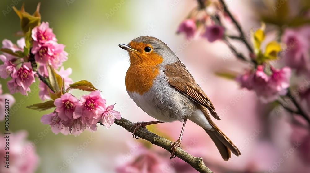 A colorful bird perched on a cherry blossom branch during springtime in a vibrant landscape A colorful bird perched on a cherry blossom branch during springtime in a vibrant landscape