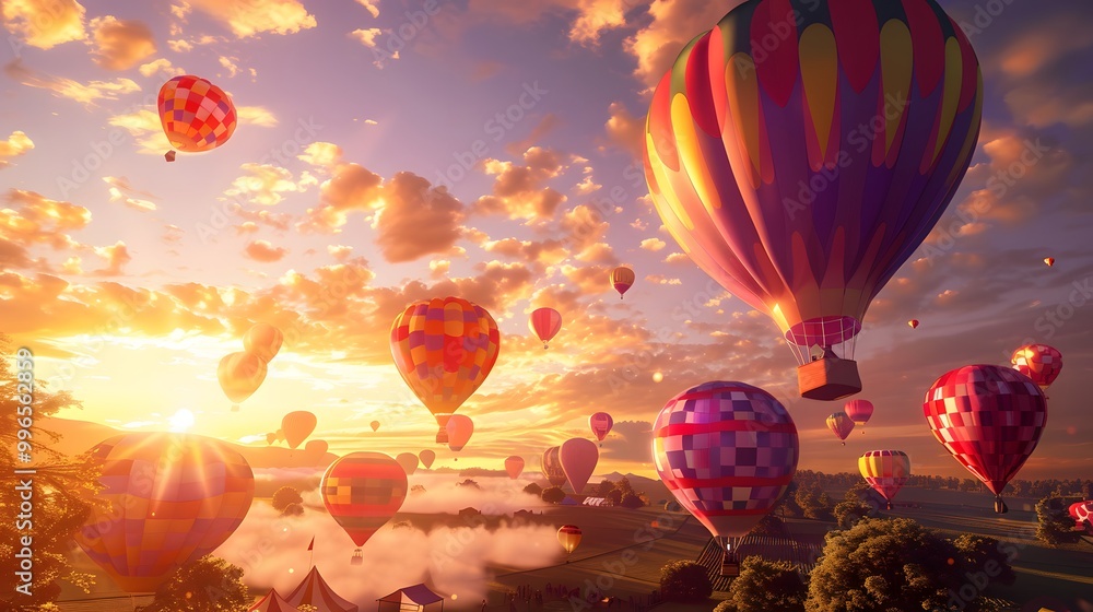 Obraz premium Bright Sky with Colorful Hot Air Balloons at Sunrise