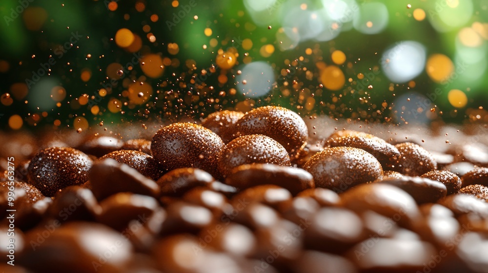 Roasted Coffee Beans with Water Droplets and Blurred Green Background Roasted Coffee Beans with Water Droplets and Blurred Green Background