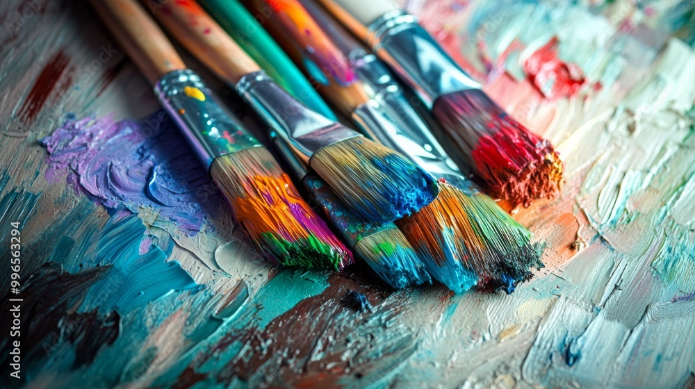 A collection of bright paintbrushes lies on a wooden table, covered in a variety of colorful, smeared paint, reflecting the essence of artistic creativity and inspiration A collection of bright paintbrushes lies on a wooden table, covered in a variety of colorful, smeared paint, reflecting the essence of artistic creativity and inspiration