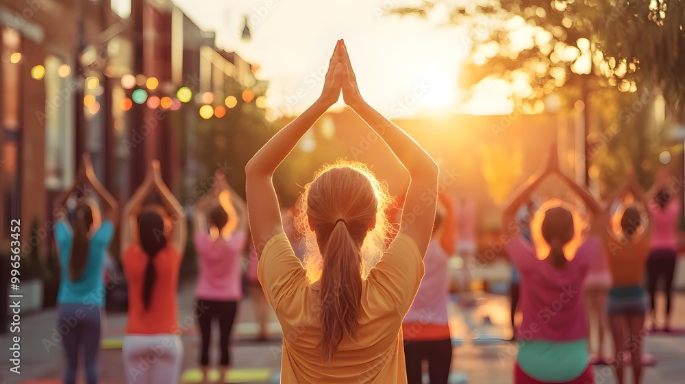 Fototapeta premium A serene outdoor yoga class at sunset, featuring participants in different colored outfits, practicing meditation with hands raised.
