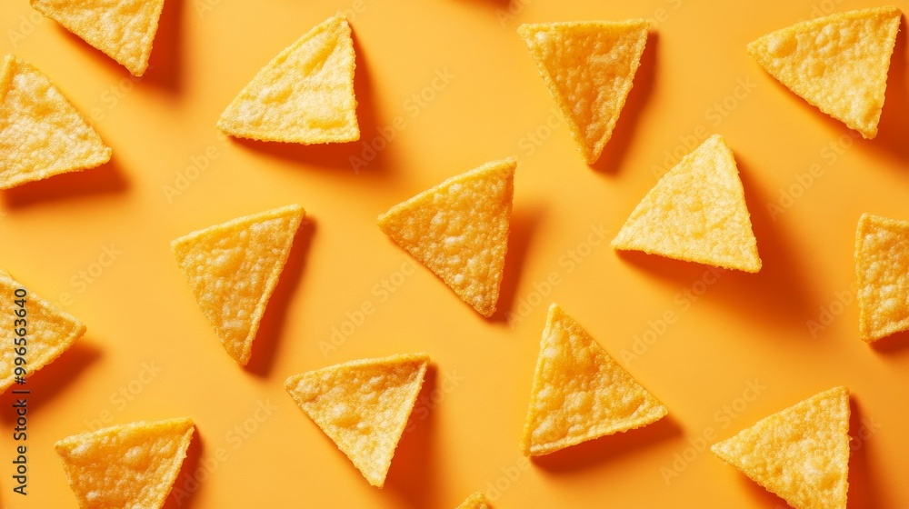 Crispy triangular potato chips are neatly arranged on a solid pastel orange background, creating an inviting and vibrant food display that highlights their texture Crispy triangular potato chips are neatly arranged on a solid pastel orange background, creating an inviting and vibrant food display that highlights their texture