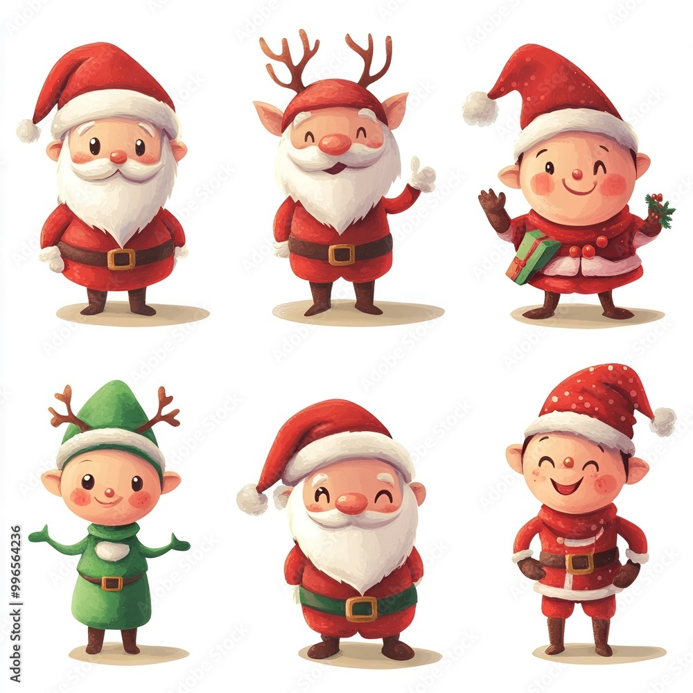 Festive Collection of Christmas Characters: Cheerful Santas, Reindeer, and Elf Illustration Set. Festive Collection of Christmas Characters: Cheerful Santas, Reindeer, and Elf Illustration Set.