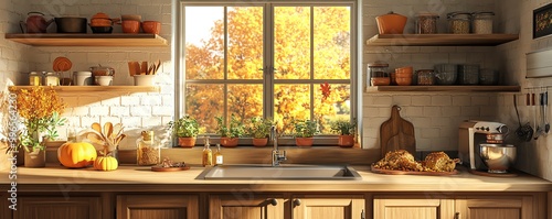 Family preparing stuffing for Thanksgiving, cozy kitchen with fallthemed decor, 3D illustration photo