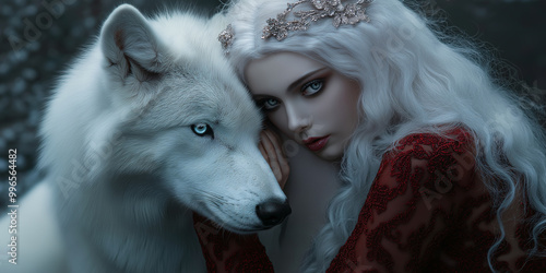 witch and white wolves, witch wearing in deep red dress, harmony with nature, dark gray nature background