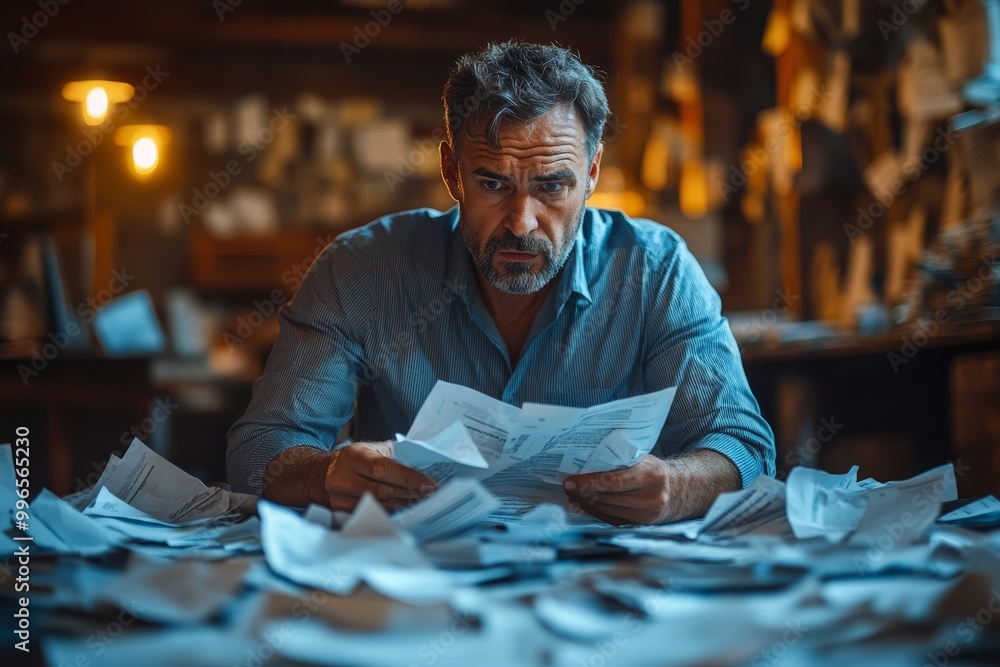 Man reading documents at a cluttered desk, focused on his work Man reading documents at a cluttered desk, focused on his work