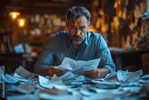 Man reading documents at a cluttered desk, focused on his work