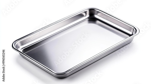 A shiny stainless steel baking tray designed for cooking or serving food. Ideal for kitchens and culinary presentations.