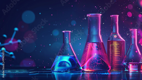 Science and chemistry concept. Digital lab background  Laboratory abstract flask with neon-colorful liquid. photo