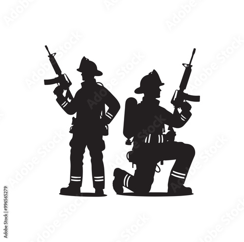 pose of Firefighter silhouette vector illustration 