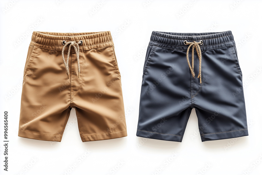 Two pairs of shorts, one tan and one blue. The tan shorts are worn by a man and the blue shorts are worn by a woman Two pairs of shorts, one tan and one blue. The tan shorts are worn by a man and the blue shorts are worn by a woman