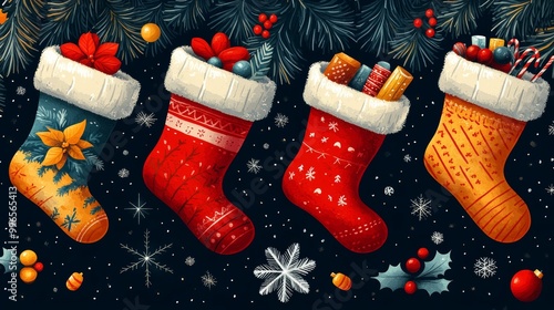 Festive Christmas stockings decorated with gifts and ornaments for the holiday