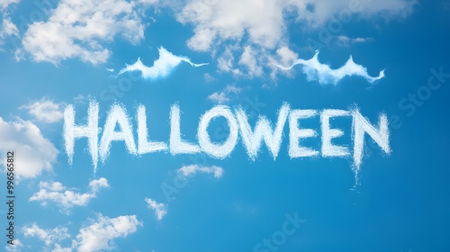 The Phrase "Happy Halloween" Written in the Sky in the Form of a Cloud, with Bat and Vampire, Abstract Image, Texture, Pattern Background, Wallpaper, Cover and Screen of Smartphone, PC, Laptop, Format