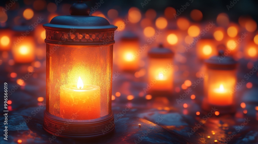 Glowing lanterns casting soft light in a tranquil outdoor night setting Glowing lanterns casting soft light in a tranquil outdoor night setting