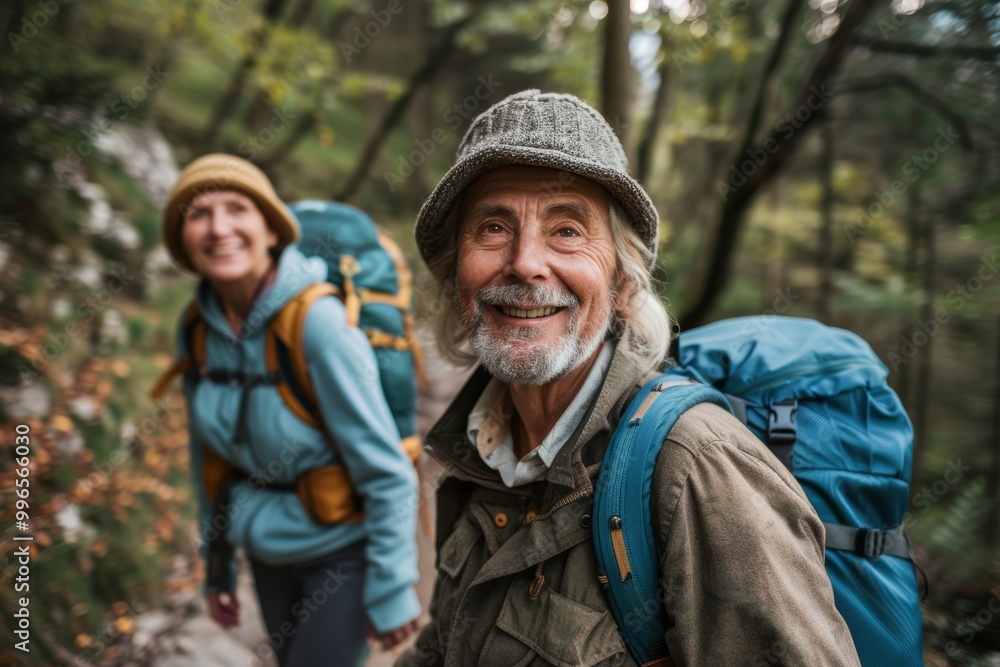 Portrait of a smiling couple in their 70s going on a hike in nature Portrait of a smiling couple in their 70s going on a hike in nature