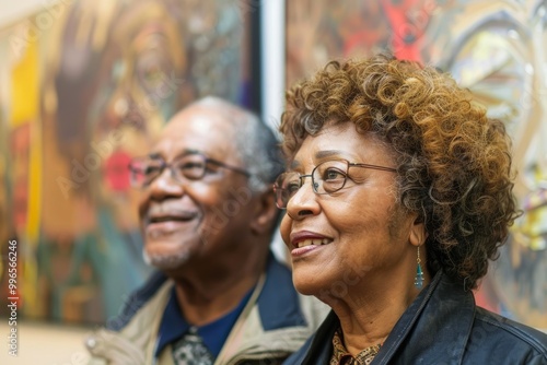 Portrait of a satisfied afro-american couple in their 70s visiting a museum together