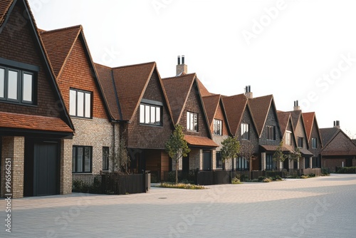 A row of modern British houses with brown roof tiles, shot from the front in an open space Generative AI