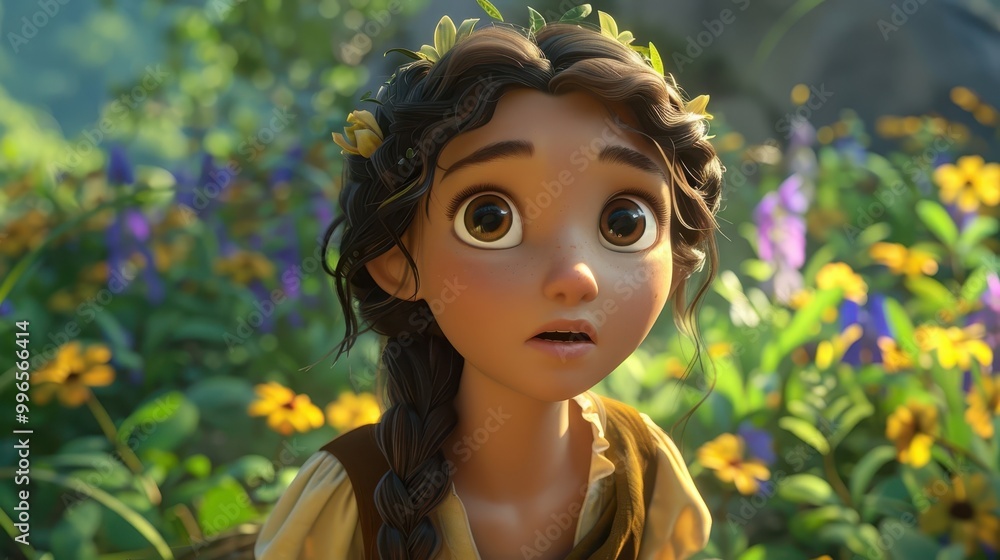 A young girl with large expressive eyes surrounded by vibrant flowers, embodying innocence and wonder in a lush natural setting. A young girl with large expressive eyes surrounded by vibrant flowers, embodying innocence and wonder in a lush natural setting.