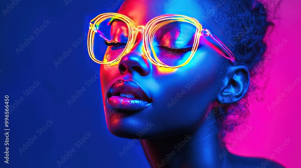Model in neon glasses poses gracefully against a vibrant purple and blue background during a studio photoshoot at night Model in neon glasses poses gracefully against a vibrant purple and blue background during a studio photoshoot at night