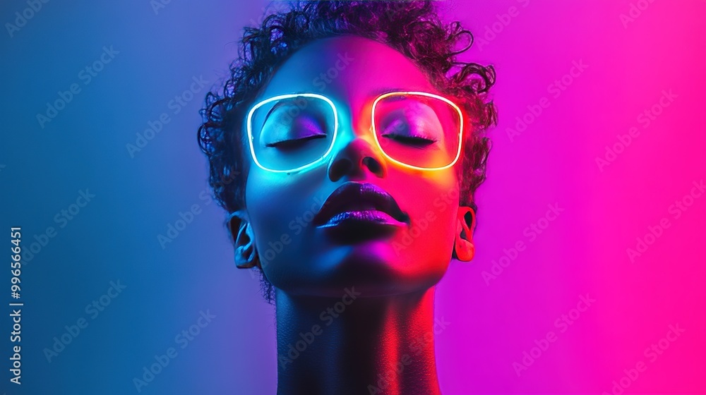Model in neon glasses poses gracefully against a vibrant purple and blue background during a studio photoshoot at night Model in neon glasses poses gracefully against a vibrant purple and blue background during a studio photoshoot at night