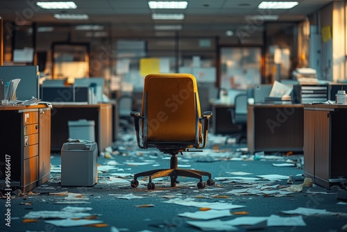 Messy office workspace with cluttered papers and an empty chair