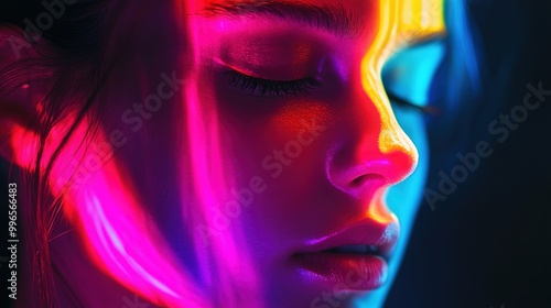 Portrait of a young woman with striking features under vibrant neon lighting at night