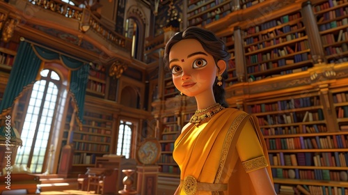 Enchanting 3D Animated Indian Syle: A young woman in a vibrant yellow sari stands in a grand library filled with books, showcasing a magical and scholarly atmosphere.