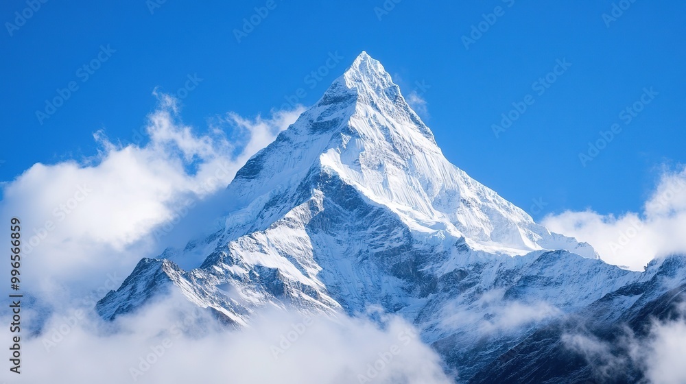 Majestic snow-capped mountain towering above fluffy clouds under a bright blue sky in a serene landscape Majestic snow-capped mountain towering above fluffy clouds under a bright blue sky in a serene landscape