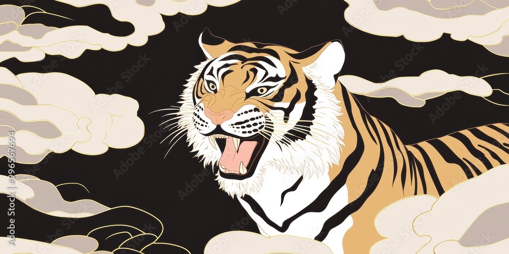 A fierce tiger emerges from a swirl of clouds, showcasing its powerful presence and striking features against a dark background. A fierce tiger emerges from a swirl of clouds, showcasing its powerful presence and striking features against a dark background.