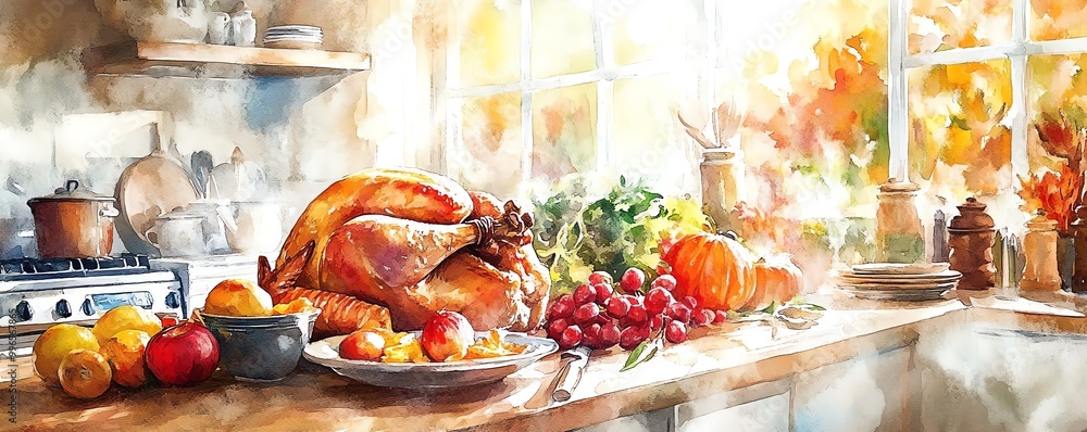 Preparing roasted turkey, kitchen filled with warm light and fall ingredients, Watercolor style Preparing roasted turkey, kitchen filled with warm light and fall ingredients, Watercolor style