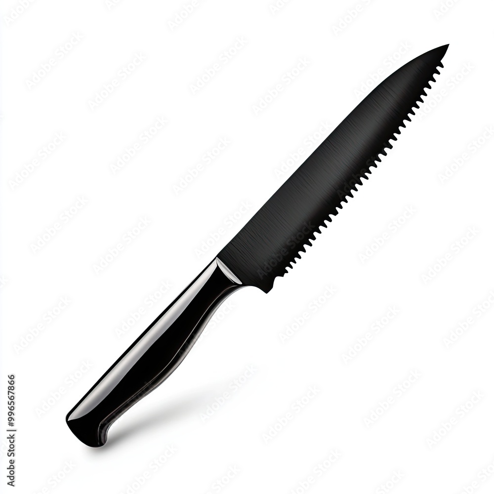 A sleek, black serrated knife with a shiny handle, ideal for slicing bread or soft produce, enhancing kitchen functionality. A sleek, black serrated knife with a shiny handle, ideal for slicing bread or soft produce, enhancing kitchen functionality.