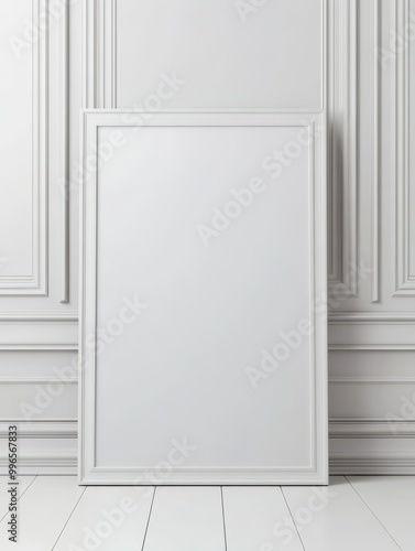 A minimalist rectangular mirror with a white frame, set against a light, textured wall, reflecting a modern aesthetic.