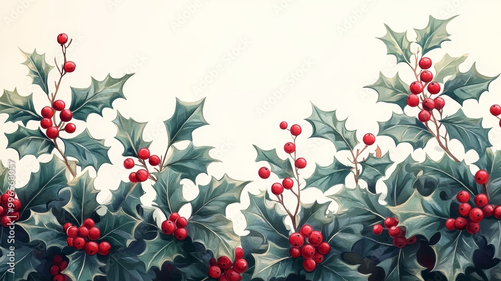 Fototapeta premium Christmas holly with red berries and green leaves for festive decoration
