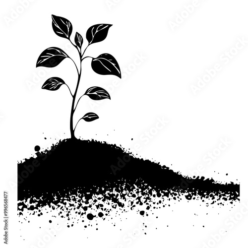 World Soil Day. Seedling growing from soil. Black a nd white illustration. World environment day. Ecology, environmental protection, sustainable energy sources. Problem of climate change, drought