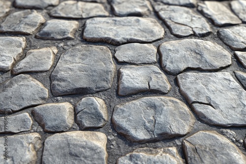 Cobblestone street texture, with uneven stones and weathered surfaces