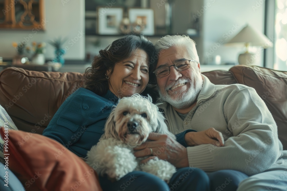 Portrait of a joyful latino couple in their 70s relaxing with their dog on the sofa Portrait of a joyful latino couple in their 70s relaxing with their dog on the sofa