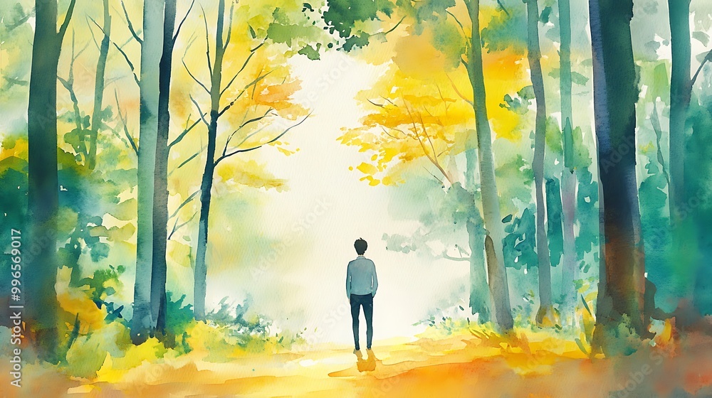 Fototapeta premium Man standing in a forest clearing with watercolor effect.