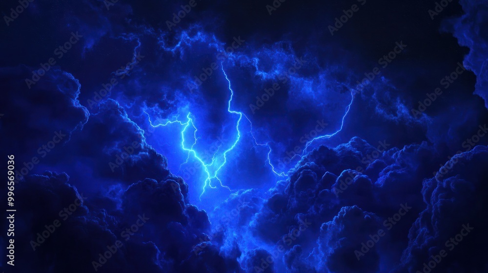 Obraz premium lightning flashes in the dark blue sky covered in thick black clouds which are very scary