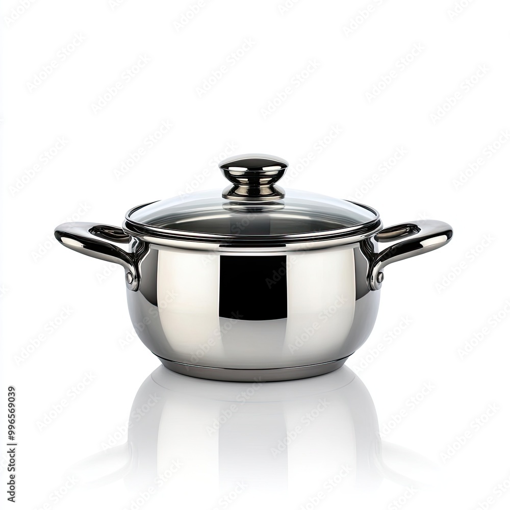 A sleek stainless steel pot with a shiny finish and a matching lid, perfect for cooking and kitchen aesthetics. A sleek stainless steel pot with a shiny finish and a matching lid, perfect for cooking and kitchen aesthetics.