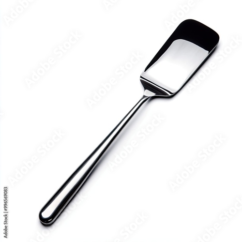 A sleek stainless steel spatula designed for easy flipping and serving of food. Perfect for kitchen use and cooking applications.