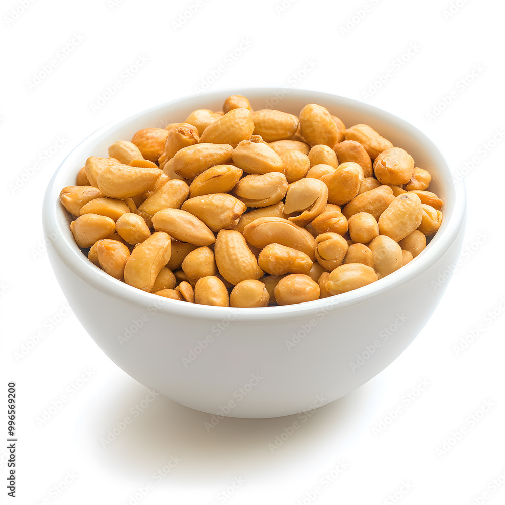 White bowl of spicy peanuts isolated on white background White bowl of spicy peanuts isolated on white background