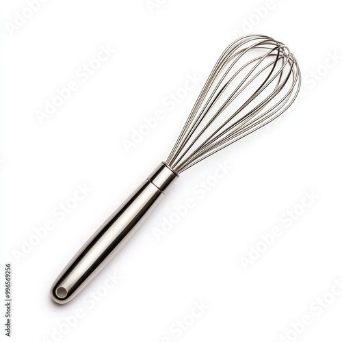 A sleek stainless steel whisk ideal for mixing ingredients and perfecting culinary creations in any kitchen.