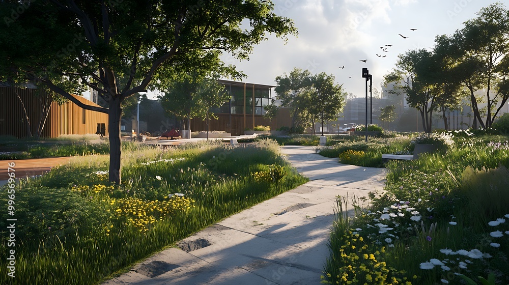 Fototapeta premium A Stone Path Through a Tranquil Garden Oasis.