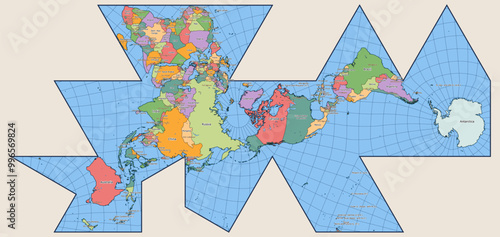 Vector Political World Map Fuller Projection, Dymaxion World map