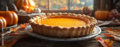 Sliced pumpkin pie on rustic Thanksgiving table, warm autumn colors, 3D illustration photo